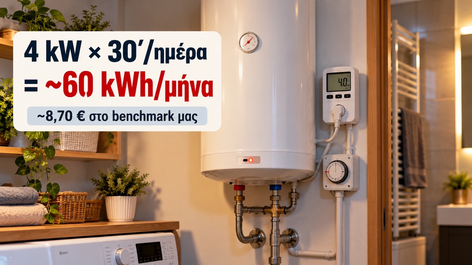 Μια αντίσταση 4 kW που λειτουργεί πραγματικά μισή ώρα την ημέρα αντιστοιχεί σε περίπου 60 kWh τον μήνα.